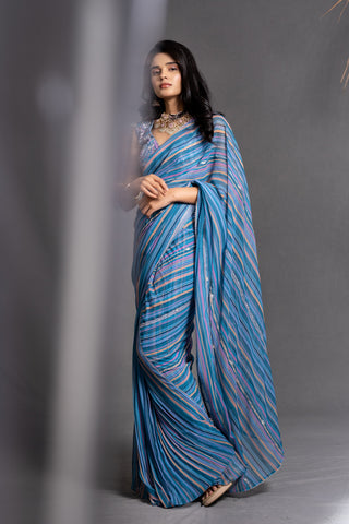 Nisha Drapped Saree - Electric Blue Stripes