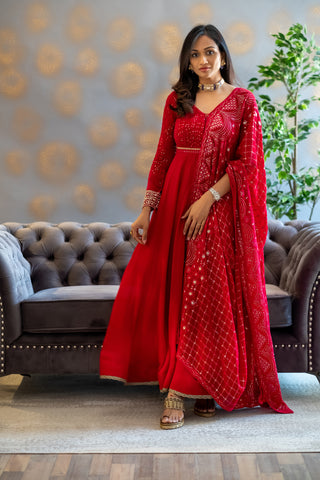 Red Chikankari Anarkali Set | Chikankari anarkali, Traditional indian  outfits, Dress indian style