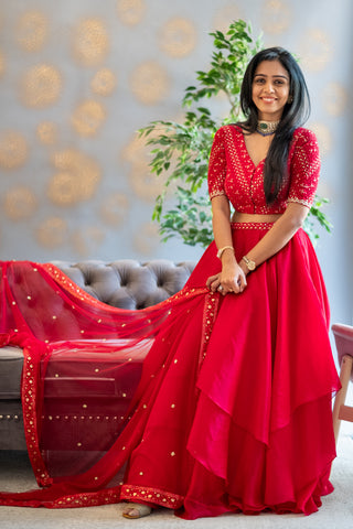 Red Chikankarri croptop with organza layered skirt and dupatta with chikankari detailed border