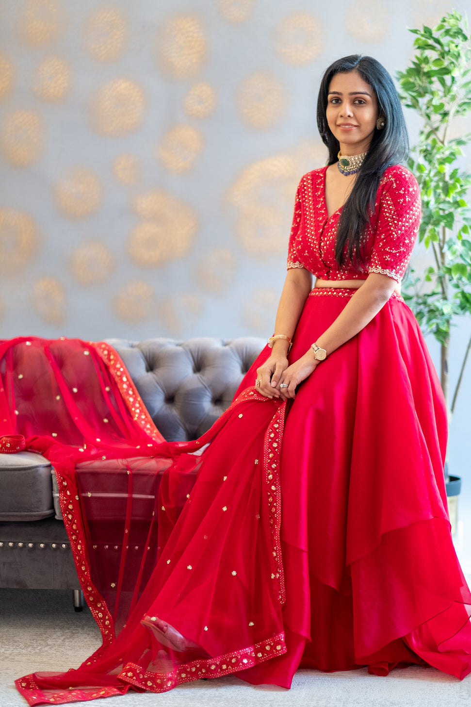 Red Chikankarri croptop with organza layered skirt and dupatta with chikankari detailed border