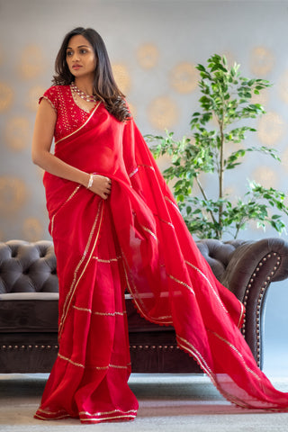Red Chikankari saree with Sleeves Blouse