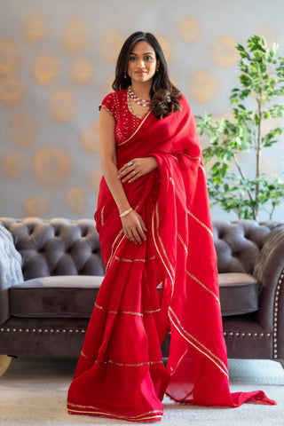 Red Chikankari saree with Sleeves Blouse