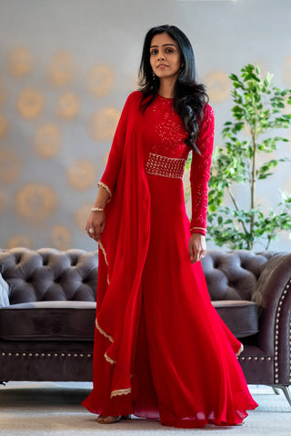 Red Chikankari jumpsuit with full sleeves detailing and attached drape dupatta