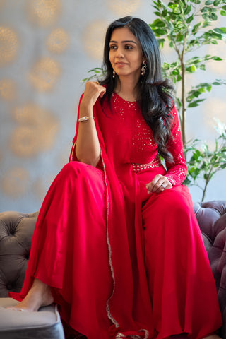 Red Chikankari jumpsuit with full sleeves detailing and attached drape dupatta