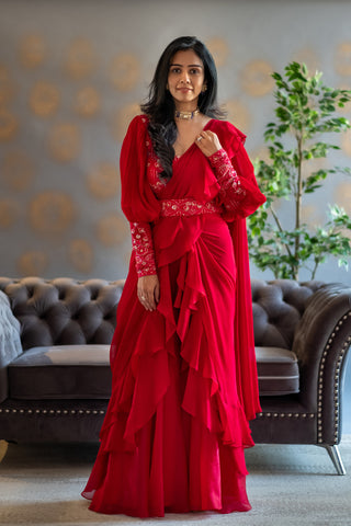 Red Chikankari blouse with georgette layered saree