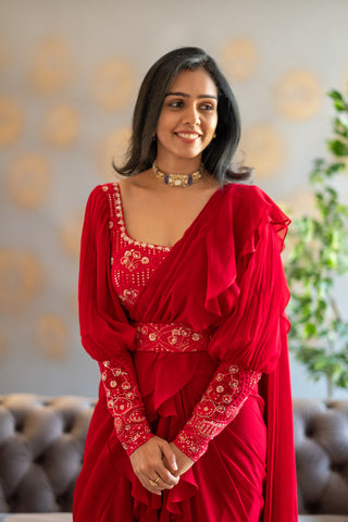 Red Chikankari blouse with georgette layered saree
