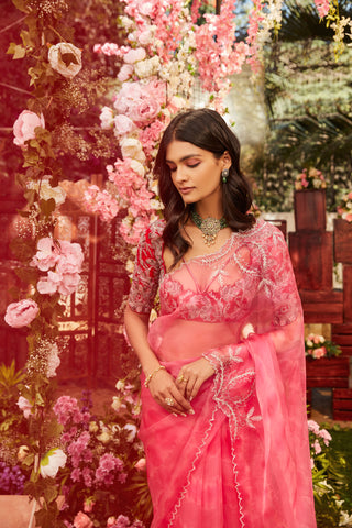 Pink Leheriya organza saree with rawsilk embroidered  blouse