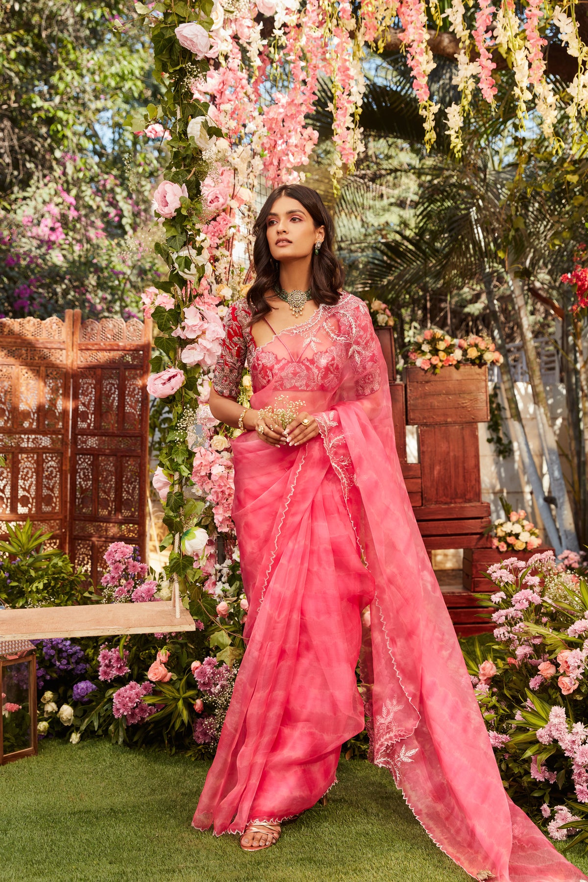 Pink Leheriya organza saree with rawsilk embroidered  blouse