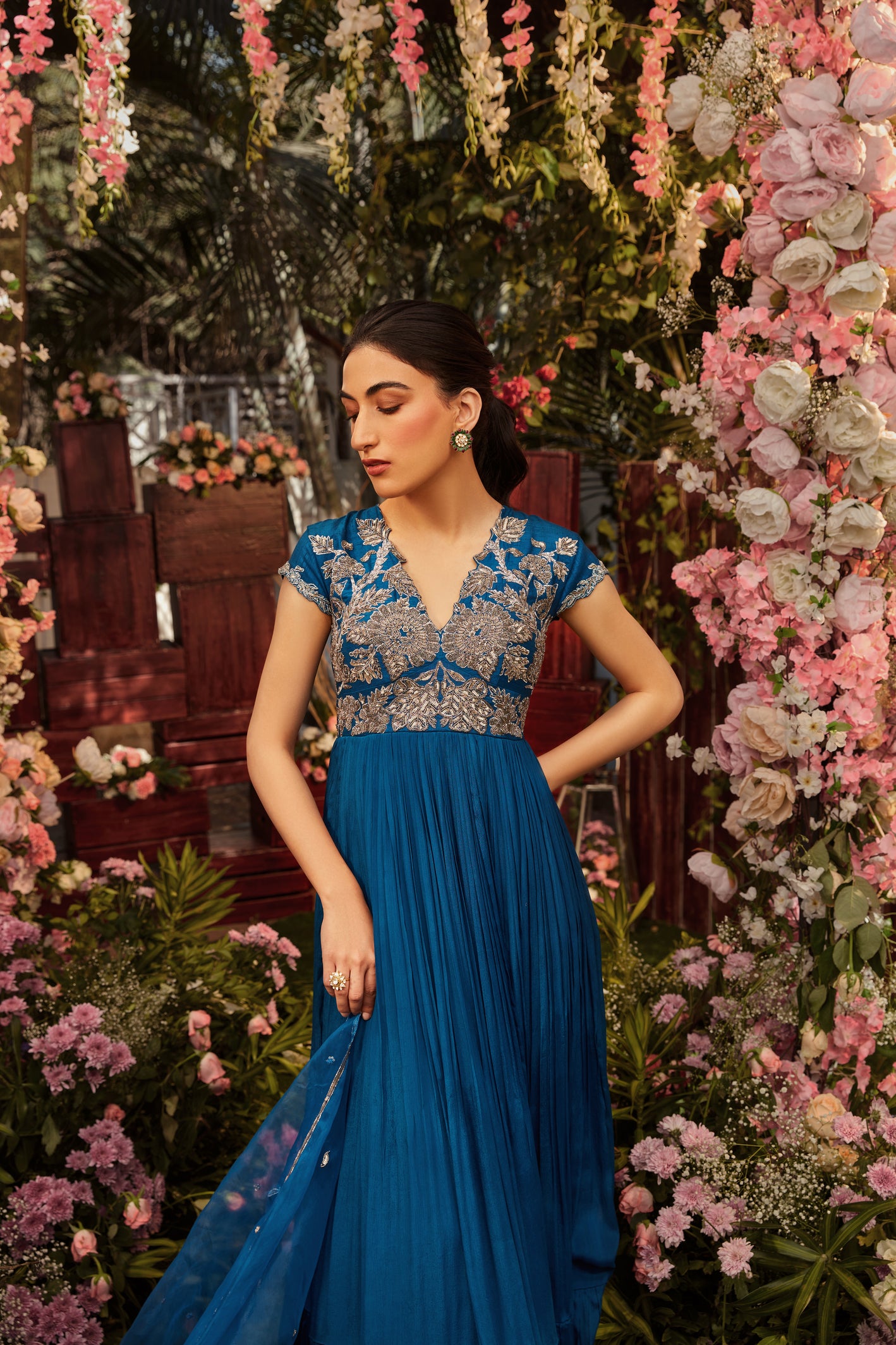Peacock blue pleated dress with  raw silk embroidered yoke