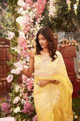 Yellow Embroidered Leheriya Organza Saree