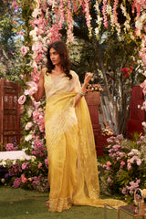 Yellow Embroidered Leheriya Organza Saree