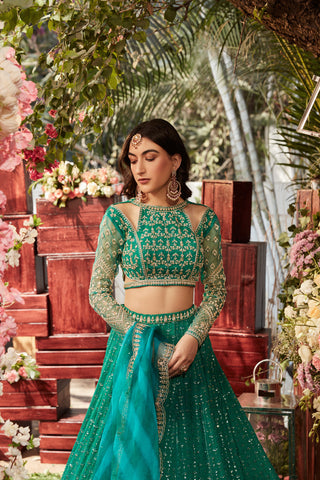 Parakeet green chikankari lehenga with embroidered blouse with an organza embroidered dupatta
