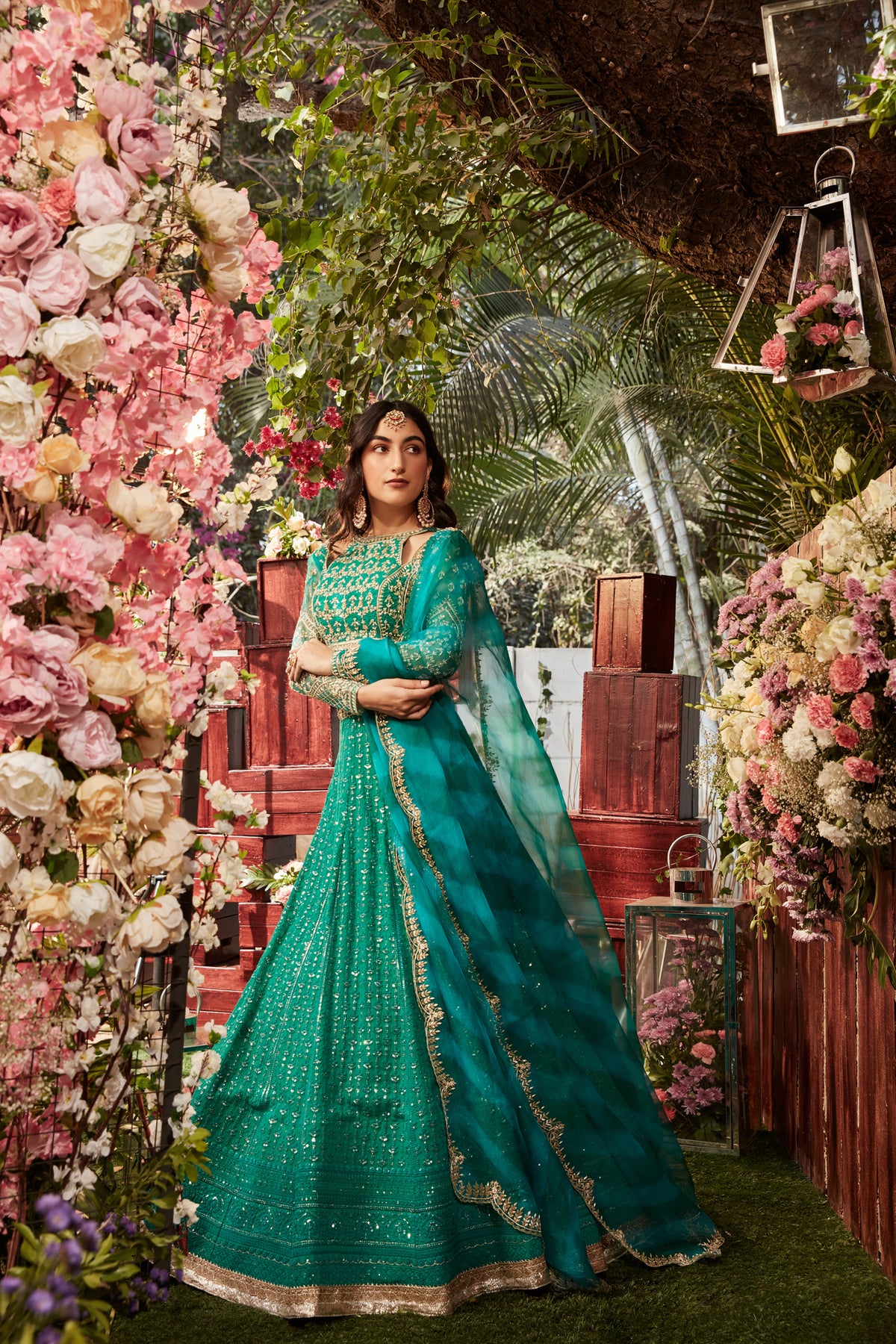 Parakeet green chikankari lehenga with embroidered blouse with an organza embroidered dupatta