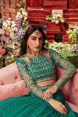 Parakeet green chikankari lehenga with embroidered blouse with an organza embroidered dupatta