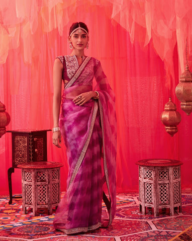 Purple leheriya organza saree with embroidered blouse