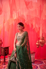 Green raw silk embroidered lehenga with embroidered blouse paired with an embroidered dupatta