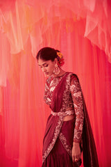 Wine pre draped saree with netted embroidered blouse