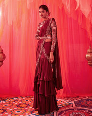 Wine pre draped saree with netted embroidered blouse