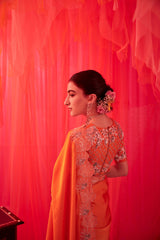 TANGERINE ORANGE EMBROIDERED CUTWORK SAREE WITH RAW SILK EMBROIDERED BLOUSE