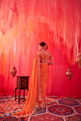 TANGERINE ORANGE EMBROIDERED CUTWORK SAREE WITH RAW SILK EMBROIDERED BLOUSE