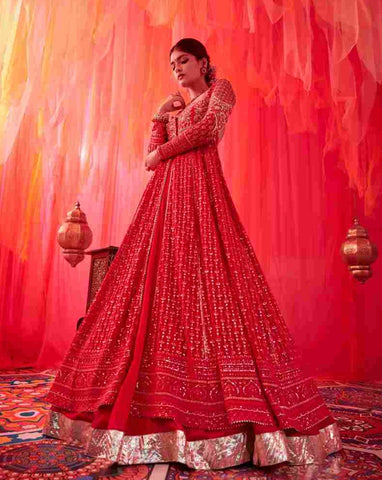 AMARNATH RED CHIKANKARI LEHENGA WITH EMBROIDERED BLOUSE WITH AN ORGANZA EMBROIDERED DUPATTA